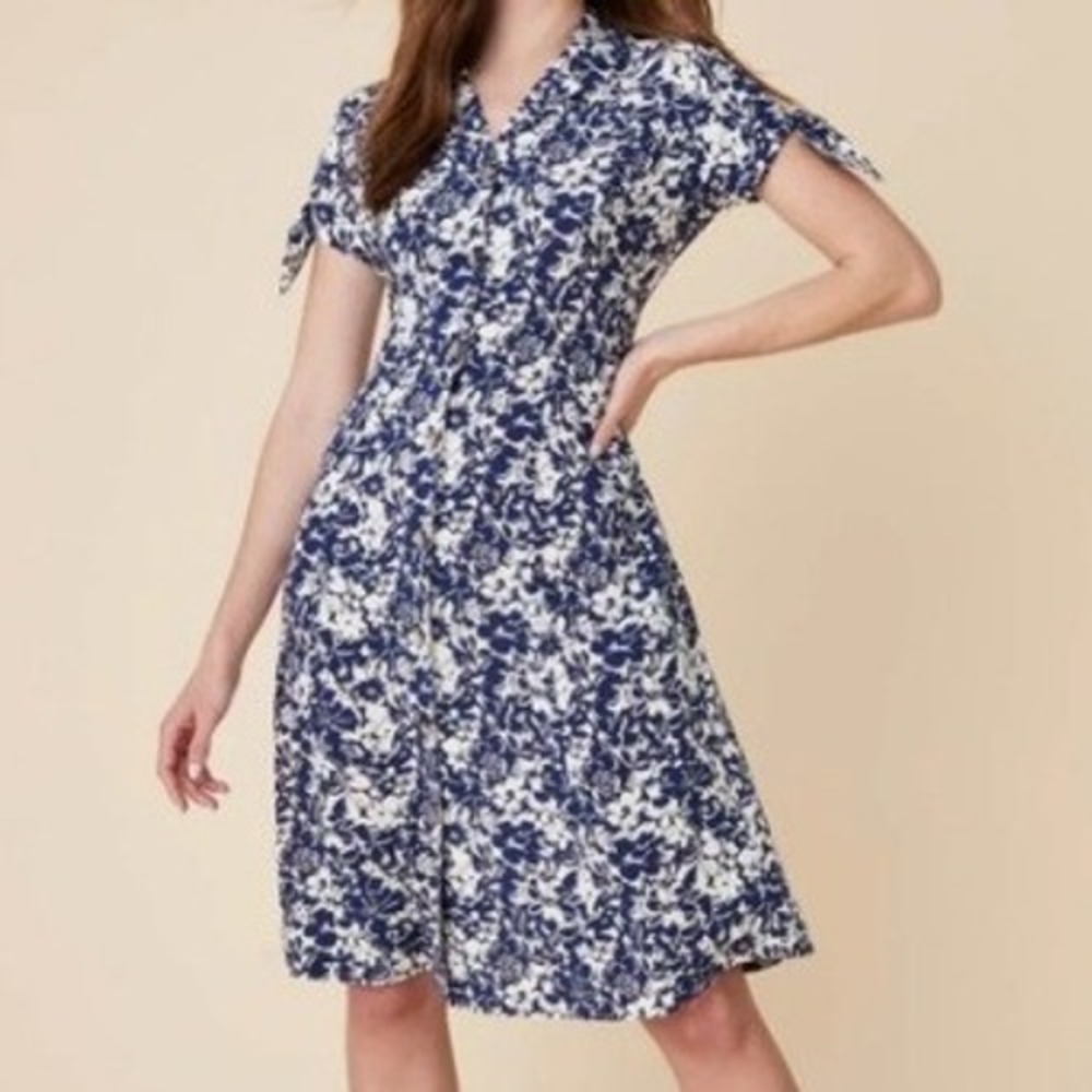 UNTUCKIT Women 8 Camille Blue White Floral Button Front Midi Shirt Dress Pockets